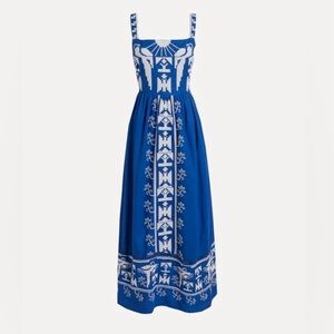 Farm Rio navy macaw embroidered maxi blue dress.
